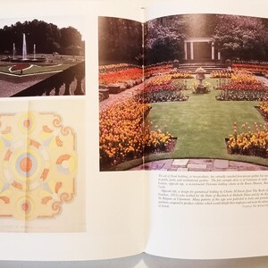 May include: A page from a book about garden design, featuring a photo of a formal garden with a central fountain and a geometric design. The text on the page discusses the history of formal bedding in gardens.