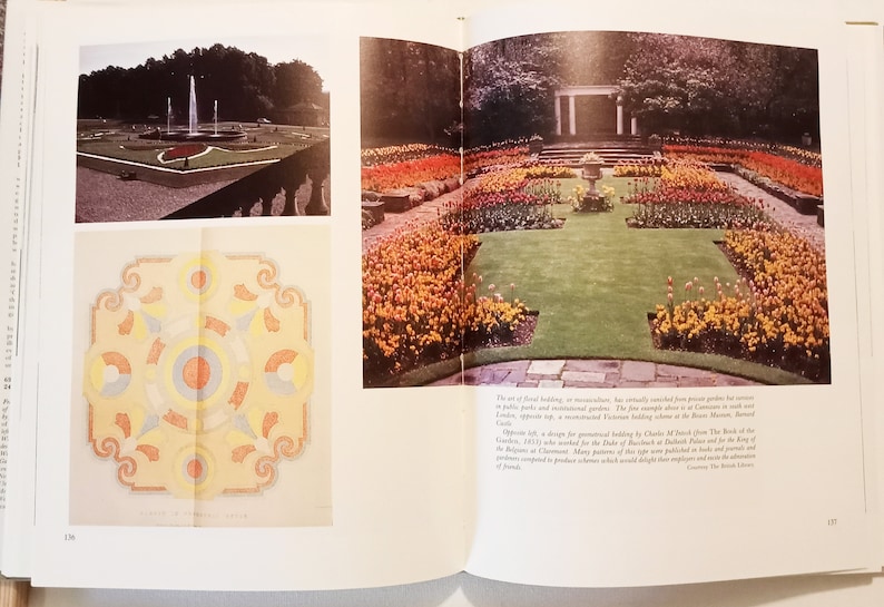 May include: A page from a book about garden design, featuring a photo of a formal garden with a central fountain and a geometric design. The text on the page discusses the history of formal bedding in gardens.