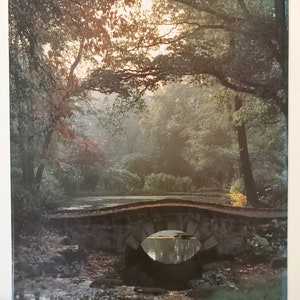 May include: A stone bridge with a rounded archway over a small stream in a misty forest setting. The bridge is made of rough-hewn stones and has a rustic appearance. The stream is clear and shallow, and the water is flowing gently over the rocks. The forest is dense and lush, with tall trees and thick foliage. The air is filled with a soft, ethereal mist.