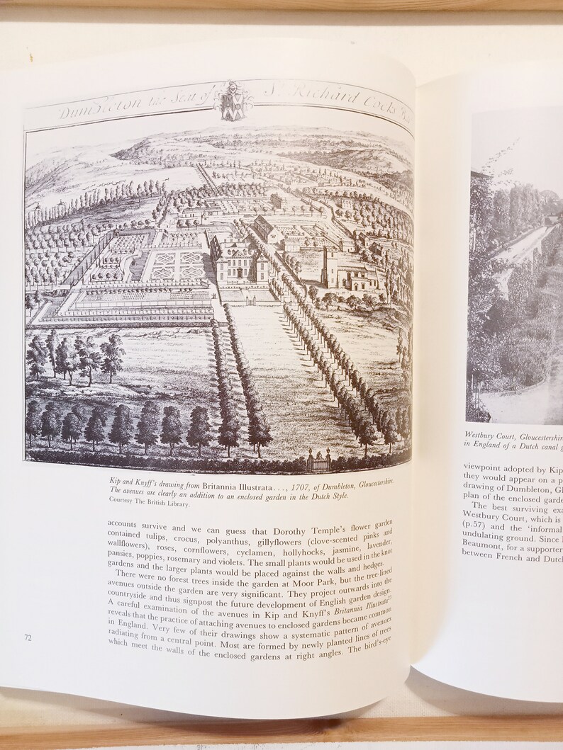 May include: A black and white engraving of a large estate with a formal garden design. The drawing is from Britannia Illustrata, 1707, and shows the estate of Dumbleton, Gloucestershire, England. The drawing shows a large house with a formal garden in the Dutch style, with long avenues of trees leading to the house.