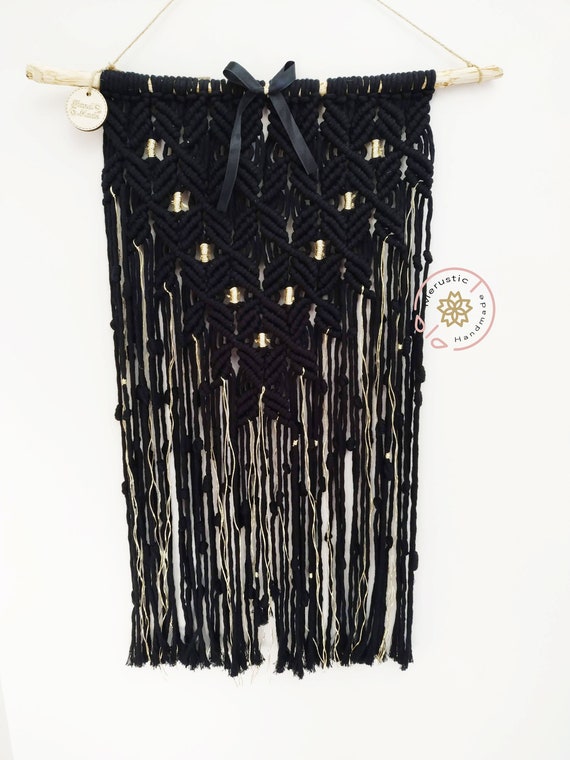 Gold Black Macrame Wall Hanging Boho Wall Decor Bohemian Etsy