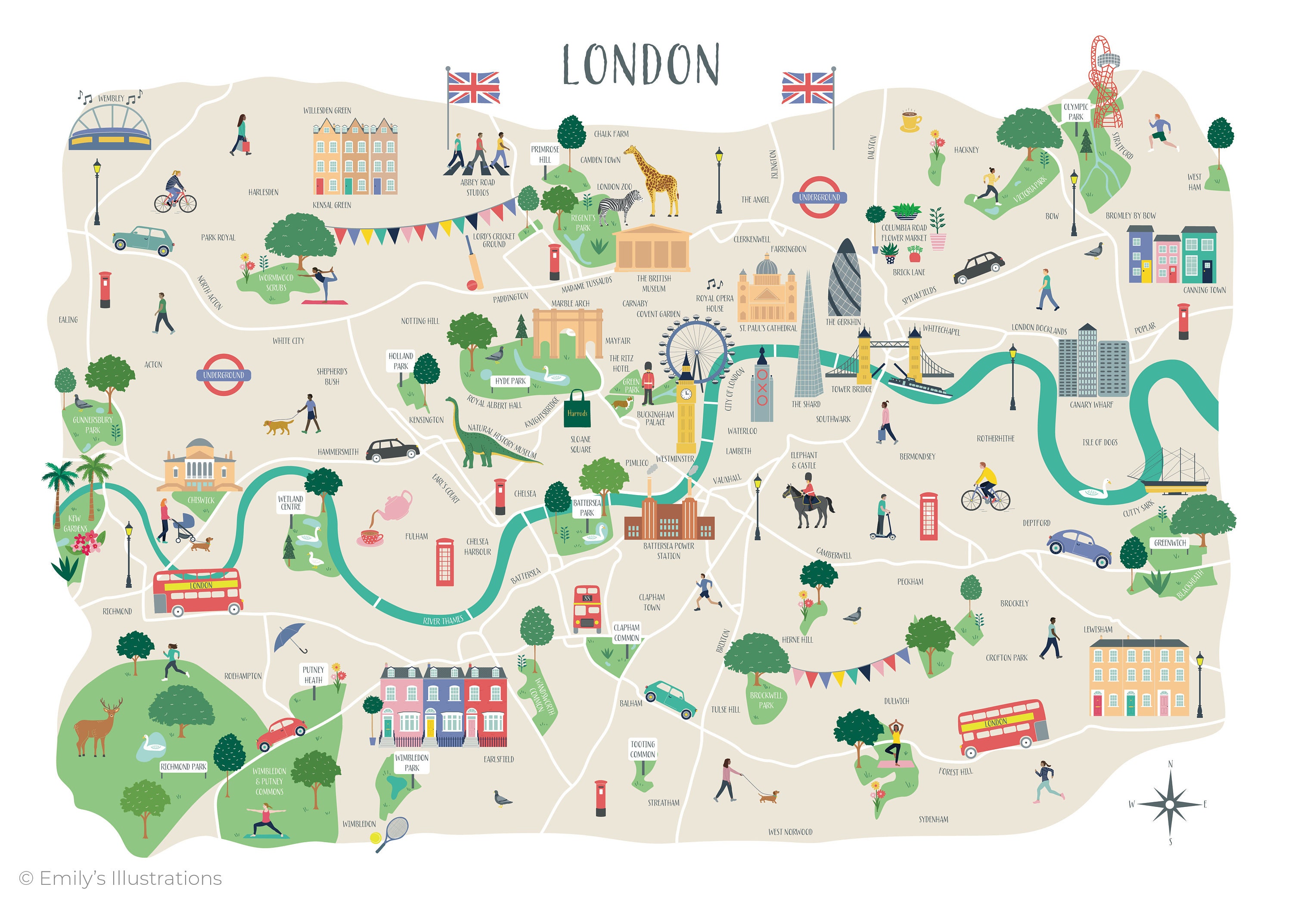 A3 Illustrated Map of London Print UK City Map Map Wall  Etsy