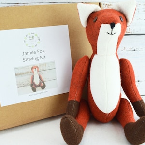 Fox sewing kit. DIY soft toy doll. Make a fox kit. Pattern, fabric & accessories included.