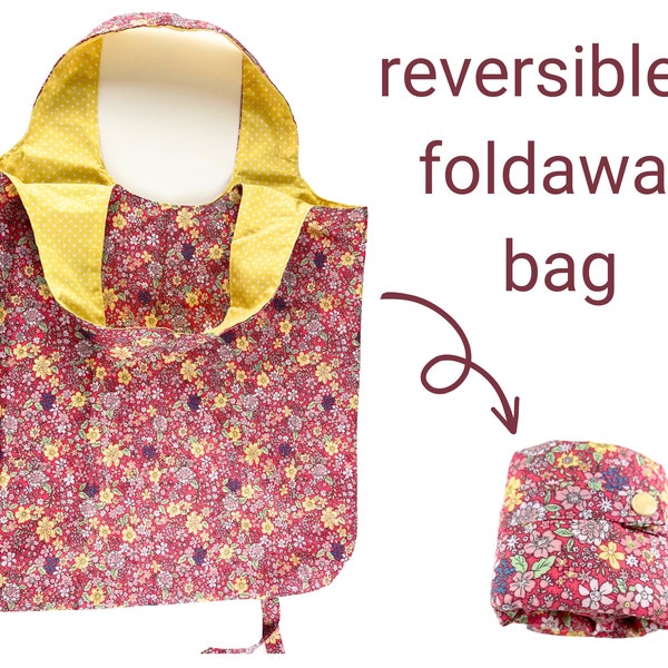 Reversible, lined, foldaway pdf bag pattern. Instant download, sewing pattern, diy bag, easy bag, shopping bag,market bag, reusable bag