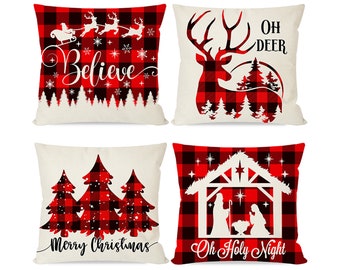 Ramirar Set of 4 Have Yourself A Merry Little Christmas Tree Snowflakes Stars Joy Wine Red Decorative Throw Pillow Cover Case Cushion Home Living Room Bed Sofa Car Cotton Linen Square 18 x 18 Inches 