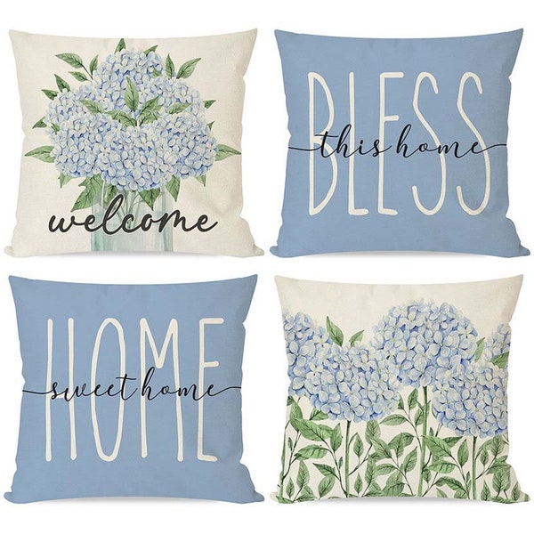 Blue Hydrangea Throw Pillow Covers 18x18 Set of 4 Bless this Home Sweet Home Flower Welcome Spring Decor Farmhouse Outdoor Decorations