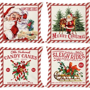 Set of 4 Christmas Pillows Covers 18 x 18 for Christmas Decorations Gifts, Vintage Retro Christmas Holiday Decor Throw Pillows Cases