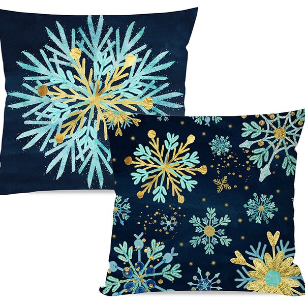 Set of 2 Blue Christmas Pillows Covers 18 x 18 for Christmas Decorations Gifts, Winter Snowflake Christmas Holiday Decor Throw Pillows Cases