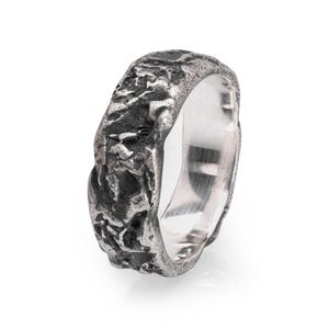 Terrain Silver Ring | Rustic Texture Nature-Inspired Silver Band | Handmade Sterling Silver Jewelry | Unisex Blackened Silver Ring
