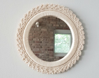 Crochet mirror, small round mirror wall decor , shabby chic mirror, vintage style decoration, home decor, off white mirror