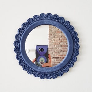 Crochet mirror, small round mirror wall decor , shabby chic mirror, vintage style decoration, home decor, navy blue mirror, housewarming