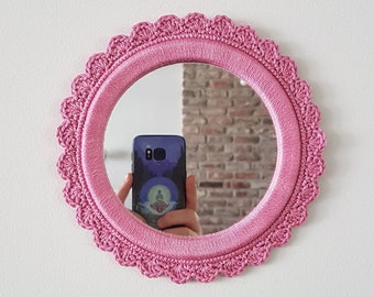 Crochet mirror, small round mirror, shabby chic mirror, housewarming, wall décor, home décor, pink mirror