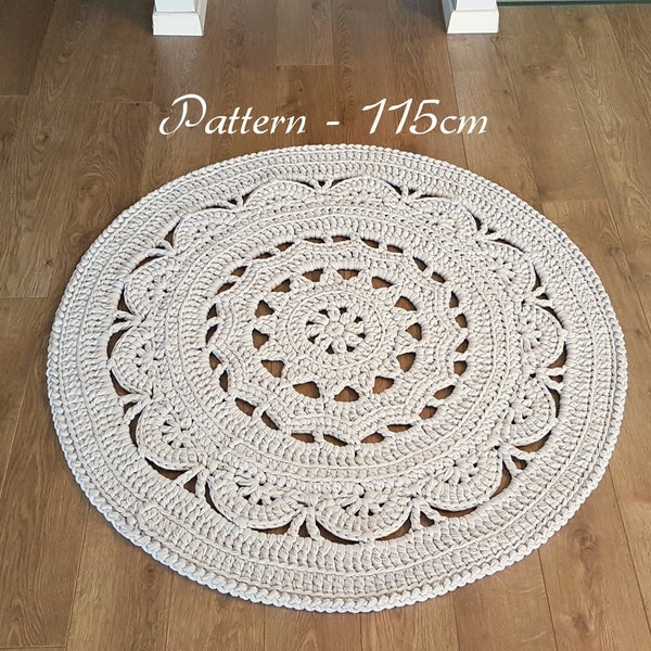 Modèle de tapis au crochet, tapis Yona 115cm/ 45,2" de diamètre, modèle de tapis de napperon au crochet, fichier pdf de tapis de crochet de fil de T-shirt, modèle de tapis rond au crochet