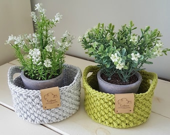Crochet Mini Baskets: Grey & Green Handmade Storage Bins (Set of 2)