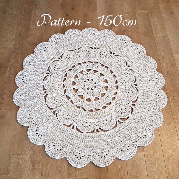 Patrón de alfombra de crochet, alfombra Yona tamaño 150cm 59" de diámetro, patrón de alfombra de tapete de crochet, archivo pdf de alfombra de crochet de hilo de camiseta, alfombra redonda de crochet