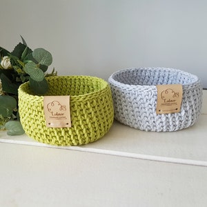 Crochet mini baskets, storage bins, Set of 2 small baskets, grey and green baskets, round baskets, decorative storage, handmade baskets