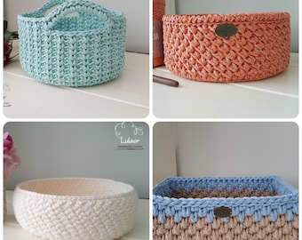 Puede incluir: Cuatro cestas de crochet en diferentes colores y estilos. Las cestas están hechas con un punto texturizado y tienen un aspecto natural y hecho a mano. Las cestas son perfectas para guardar objetos pequeños o para añadir un toque de encanto rústico a la decoración de tu hogar.