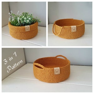 Pattern for 3 crochet baskets, 3 in 1 pattern, cotton yarn baskets, round baskets, pdf downlaod, easy pattern, 1 pattern 3 different style&#39;s