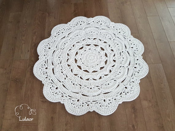 Crochet Round Rug White Handmade Rug Circle Rug Living Room Etsy