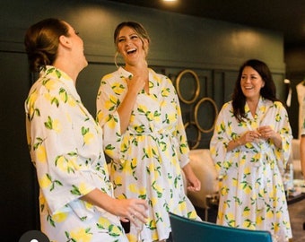 Lemon Print Rayon Robe: Amalfi Kimono Style, Handmade