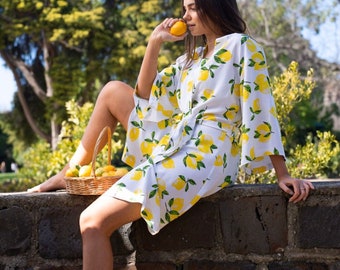 Lemon Print Robe: Handmade Rayon Kimono Style Robe