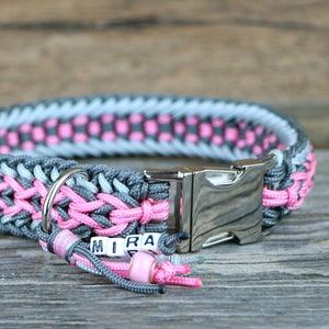 ustom dog collar w. name tag a. quick release buckle, various colors, made from Paracord®, vegan, waterproof, matching leash sold seperat.