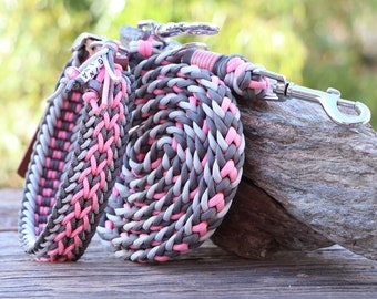 Dog collar and leash set, with name tag, for small and large dogs, handmade from gen. Paracord®, adjustable, w. Leather or vegan Biothane®