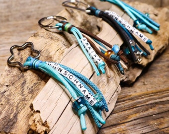 Custom name tag - key chain - key fob, waterproof, handmade from gen. Paracord®, various options, petrol-turquoise-brown-grey