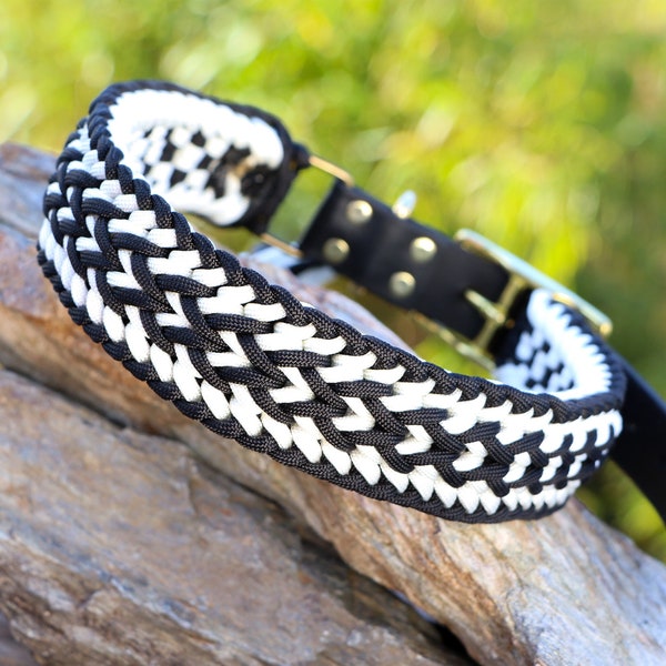 Black and white dog collar with name tag, handmade from gen. Paracord®, with real leather or vegan Biothane® adapter,