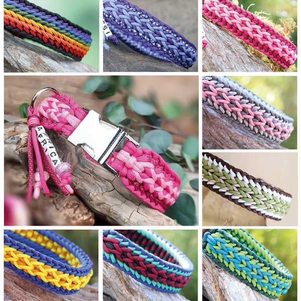 Klickverschluß-Hundehalsband a. Paracord® mit Namensanhänger, verschiedene Farben, Maßanfertigung, vegan, passende Leine separat verfügb.