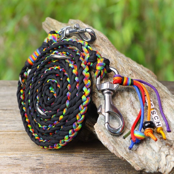 Rainbow dog leash with name tag, braided paracord rope dog lead, vegan, waterproof, various length, for small a. large dogs