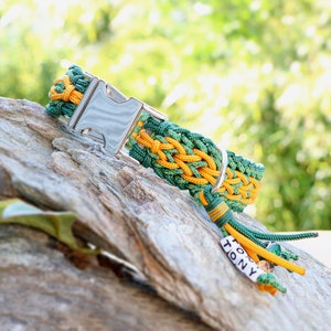 Quick release dog collar w. name tag, made from Paracord®, vegan, waterproof, green - yellow, matching leash sold seperat., made to measure