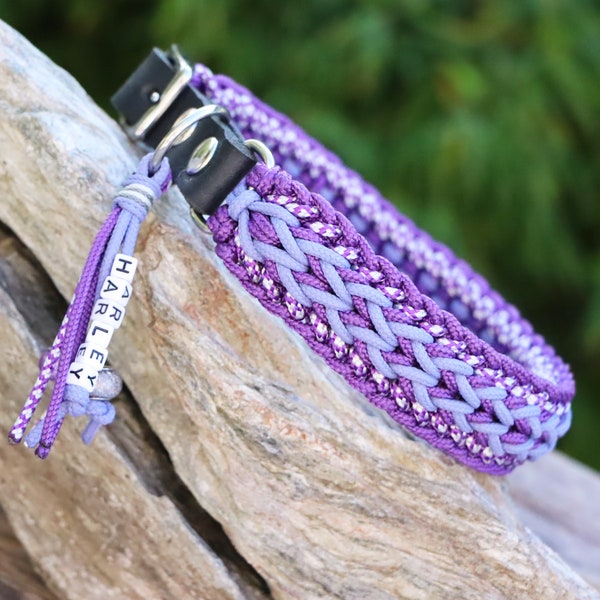 Adjustable dog collar made from Paracord®, with leather adapter or vegan Biothane®, braided, ombre purple - lavender colors