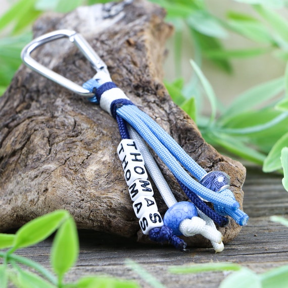 Custom Paracord Key Chain With Arcylic Beads, Light Blue and White