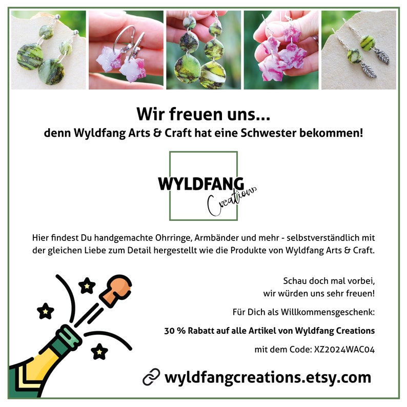 Teaserbild für den Schwestershop von Wyldfang Arts & Crafts mit dem Namen"Wyldfang Creations". Hier findest du handgemachte Ohrringe, Armbänder und mehr.