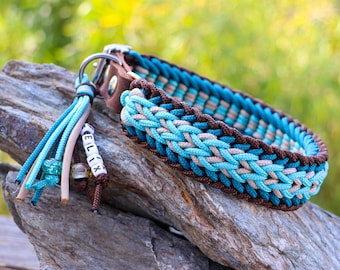 Personalized dog collar w. name tag, handmade from Paracord®, with real leather or vegan Biothane® adapter, brown-beige-petrol-turquoise