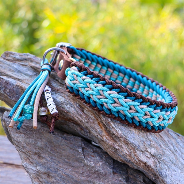 Personalized dog collar w. name tag, handmade from Paracord®, with real leather or vegan Biothane® adapter, brown-beige-petrol-turquoise