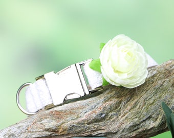 Wedding dog collar, floral dog collar with white rose and romantic lace fabric, adjustable