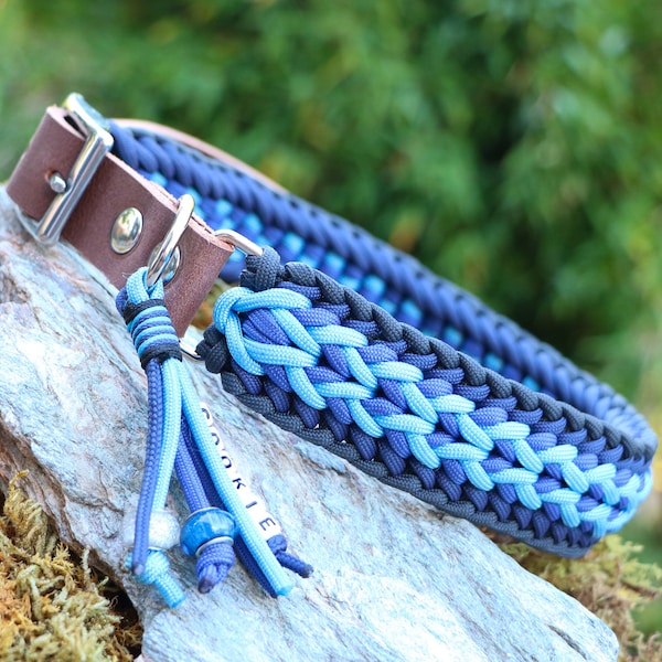 Paracord Hundehalsband mit Name, handgemacht, mit Adapter aus Echtleder o. veganem Biothane®, ombre blau