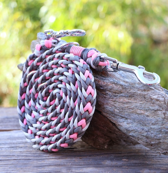 Waterproof Rope Dog Leash With Name Tag, Vegan, Handmade From Gen.  Paracord®, Adjustable, Various Length, Rose Pink Grey 