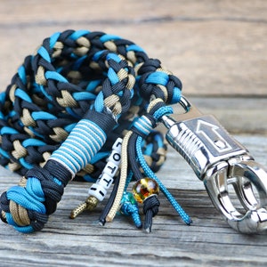 Braided custom paracord horse lead rope,with panic hook or carabiner, colour: turquoise-black-gold, handmade, with name tag