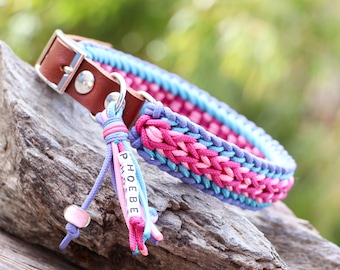 Personalized dog collar with name tag, handmade from gen. Paracord®, with real leather or vegan Biothane® adapter, lilac-turquoise-pink-rose