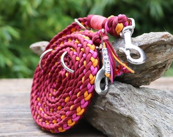 Rope dog leash with name tag, waterproof, handmade from gen. Paracord®, adjustable, vegan, various length, bordeaux red-rose-orange