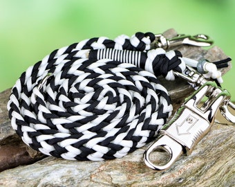 Braided custom paracord horse lead rope,with panic hook or carabiner, colour: black & white, handmade, with name tag