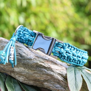 Custom dog collar w. name tag a. quick release buckle, made from Paracord®, vegan, waterproof, turquoise, matching leash sold seperat.