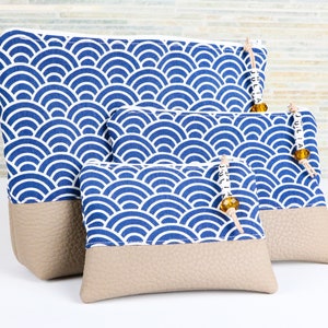 Kosmetiktäschchen, Kosmetiktasche, Schminktäschchen, Schminktasche, Stoff, Kunstleder, vegan, blau, beige, mit Perle, personalisiert m. Name