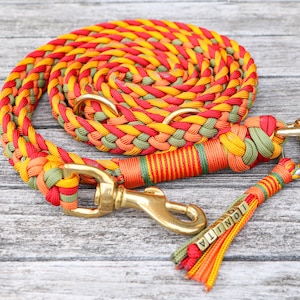 Boho rope dog leash, name tag, waterproof, handmade f. Paracord®, adjustable, vegan, various len., honey yellow-red-burnt orange- moss green
