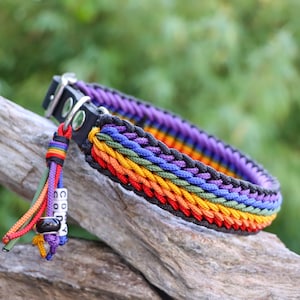 Könnte beinhalten: Ein Regenbogen-Paracord-Hundehalsband mit einer schwarzen Lederschnalle und einem silbernen D-Ring. Das Halsband hat einen passenden Regenbogen-Quaste mit einer schwarzen Perle und dem Wort "COZY" darauf.
