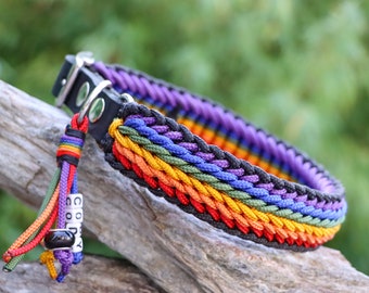 Regenbogen Hundehalsband aus Paracord®, mit veganem Biothane® oder echtem Leder, mit Namensanhänger, von Hand geflochten