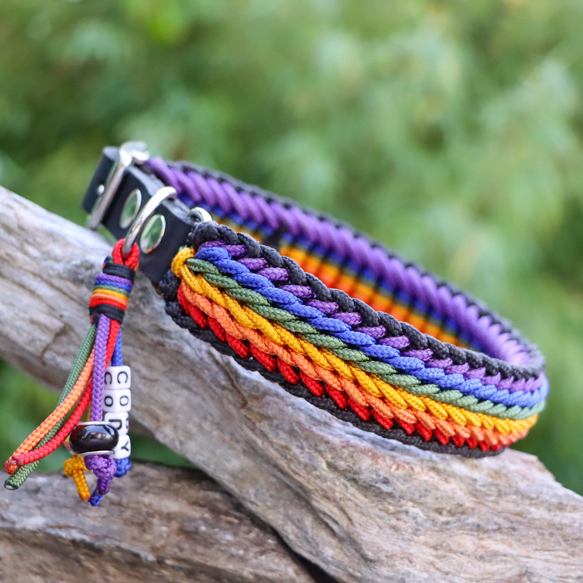 Rainbow Dog Collar With Name Tag Handmade From Paracord and Real Leather or Vegan Biothane Etsy UK